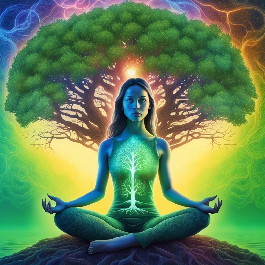 beautiful girl meditating under the tree of life 8k resolution ...