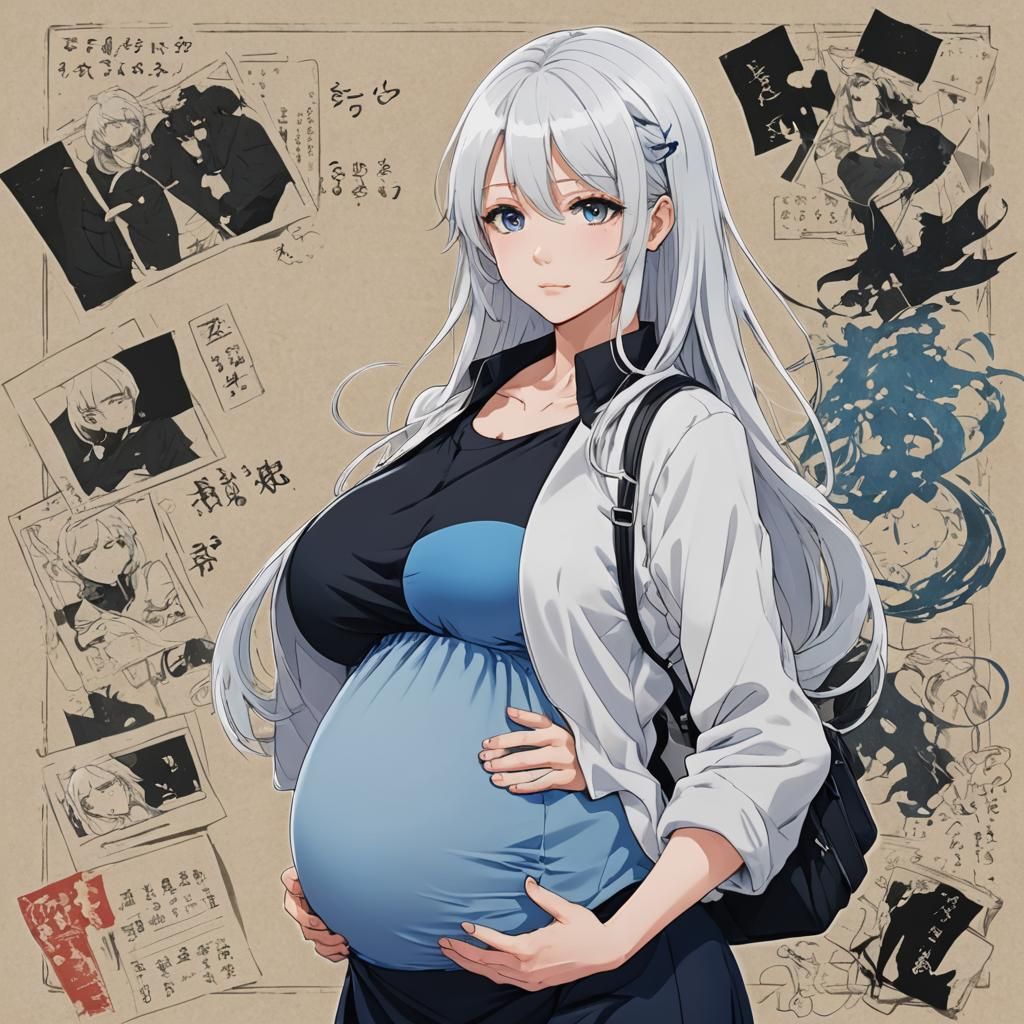 pregnant anime teacher with white hair and black and blue cl...