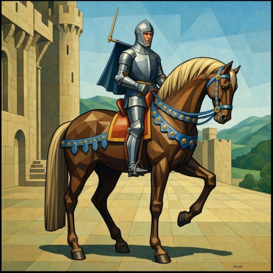 A Cubist style masterpiece of a Knight in the 1200s riding a powerful horse outside of a castle

