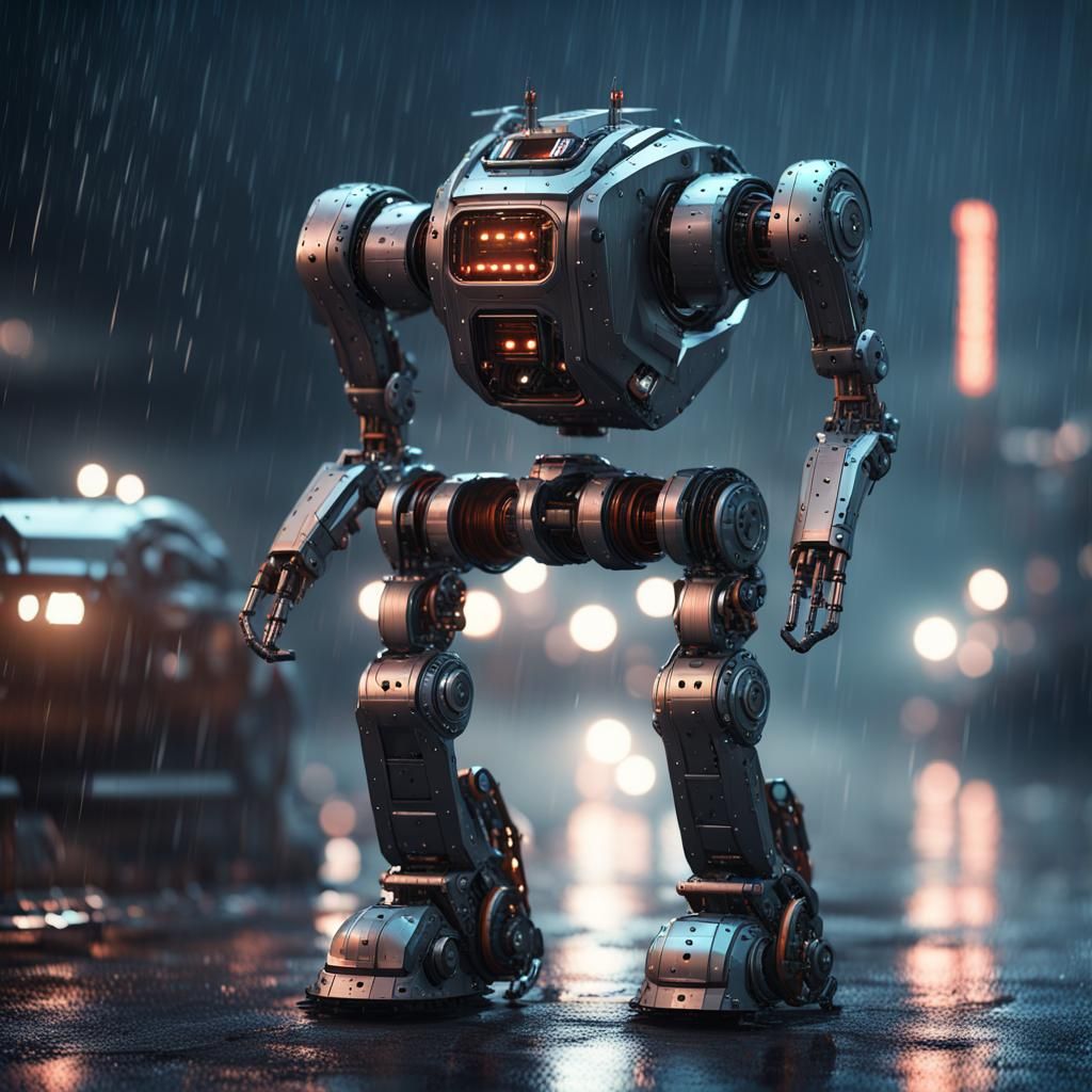 robot walking in the rain in strong wind at night before the full moon ...