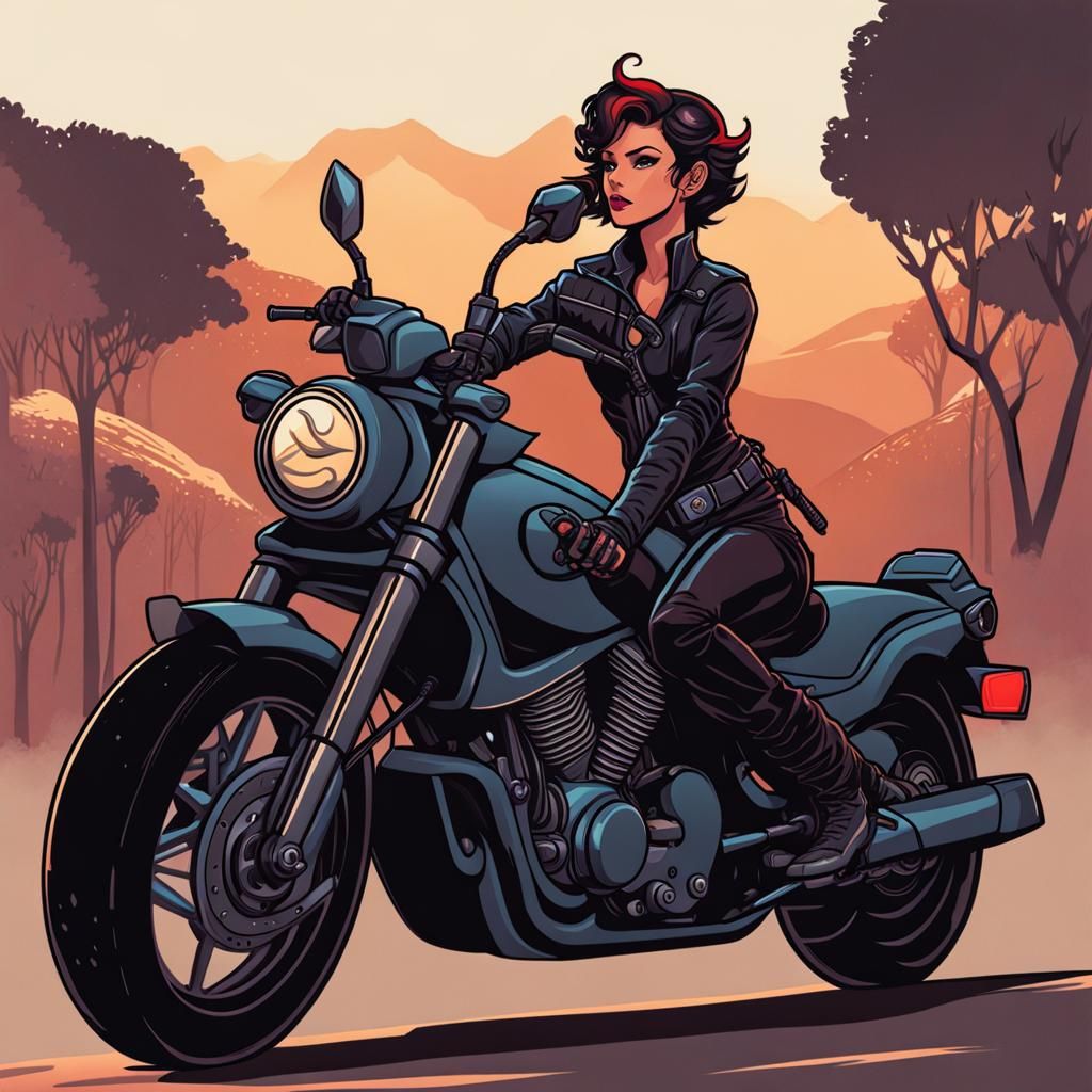 A female tiefling with short hair riding a motorcycle. 2D st...