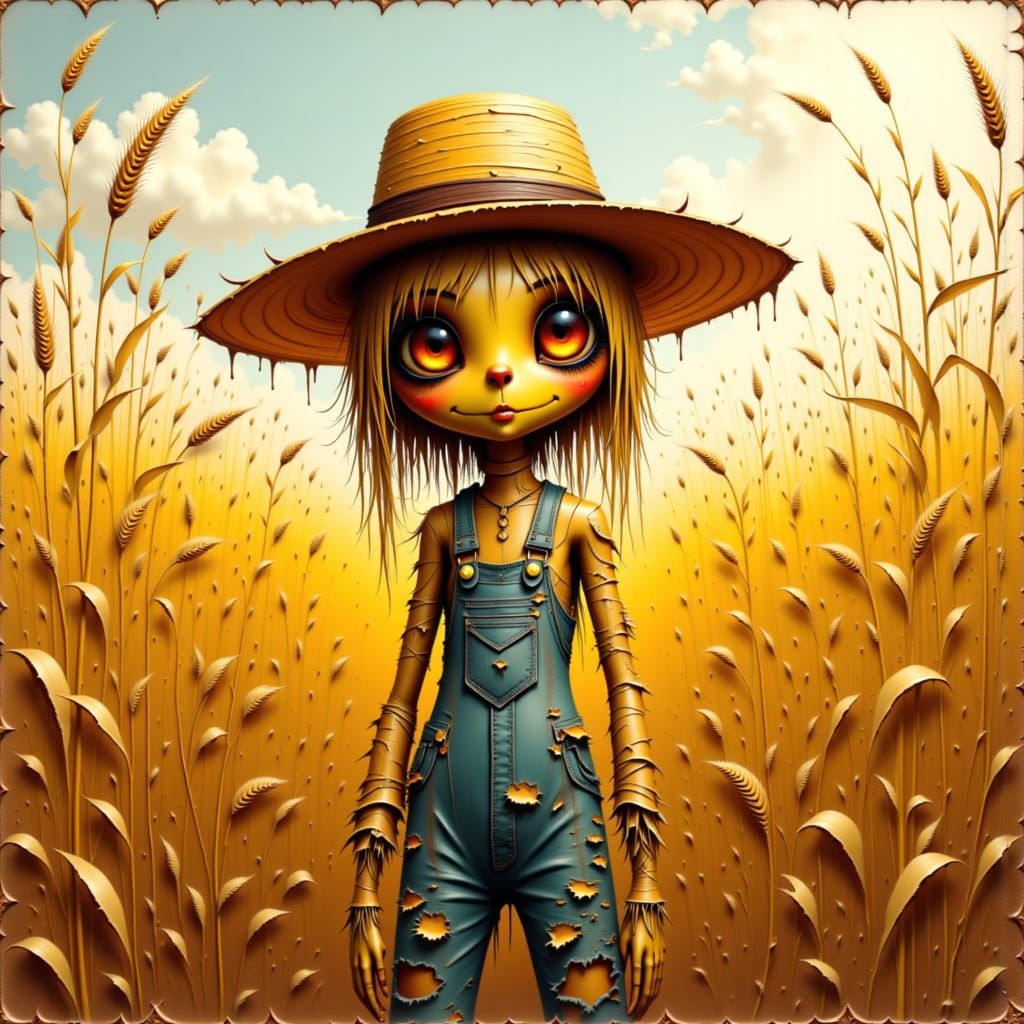 A scarecrow wearing tattered overalls and a straw hat, standing in a sunny cornfield, in the style of folk artists like Lisa Congdon, Camill...