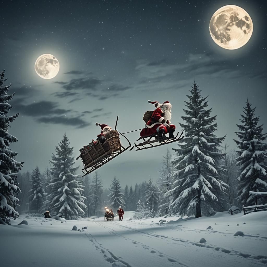 Santa claus flying with his sledge in detail with snow lands...