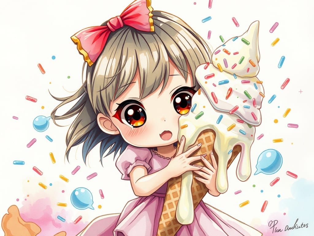 by Vincent - Chibi anime girl in pastel dress, wide eyes, messy expression, struggling to hold giant ...  by @barnaby leroy