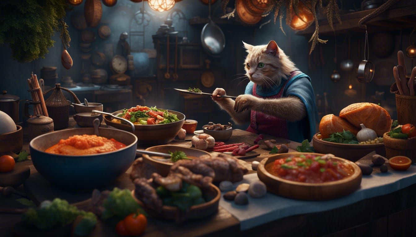 cat person cooking food in a fantasy world  by @flaming goose art 