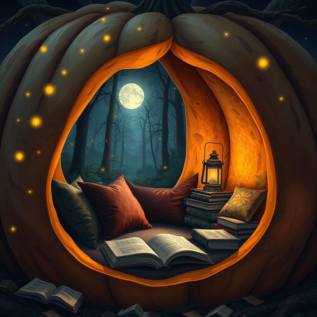 A cozy reading nook nestled within a giant, hollowed-out pumpkin, illuminated by the warm glow of fireflies and a single lantern. Plush velv...