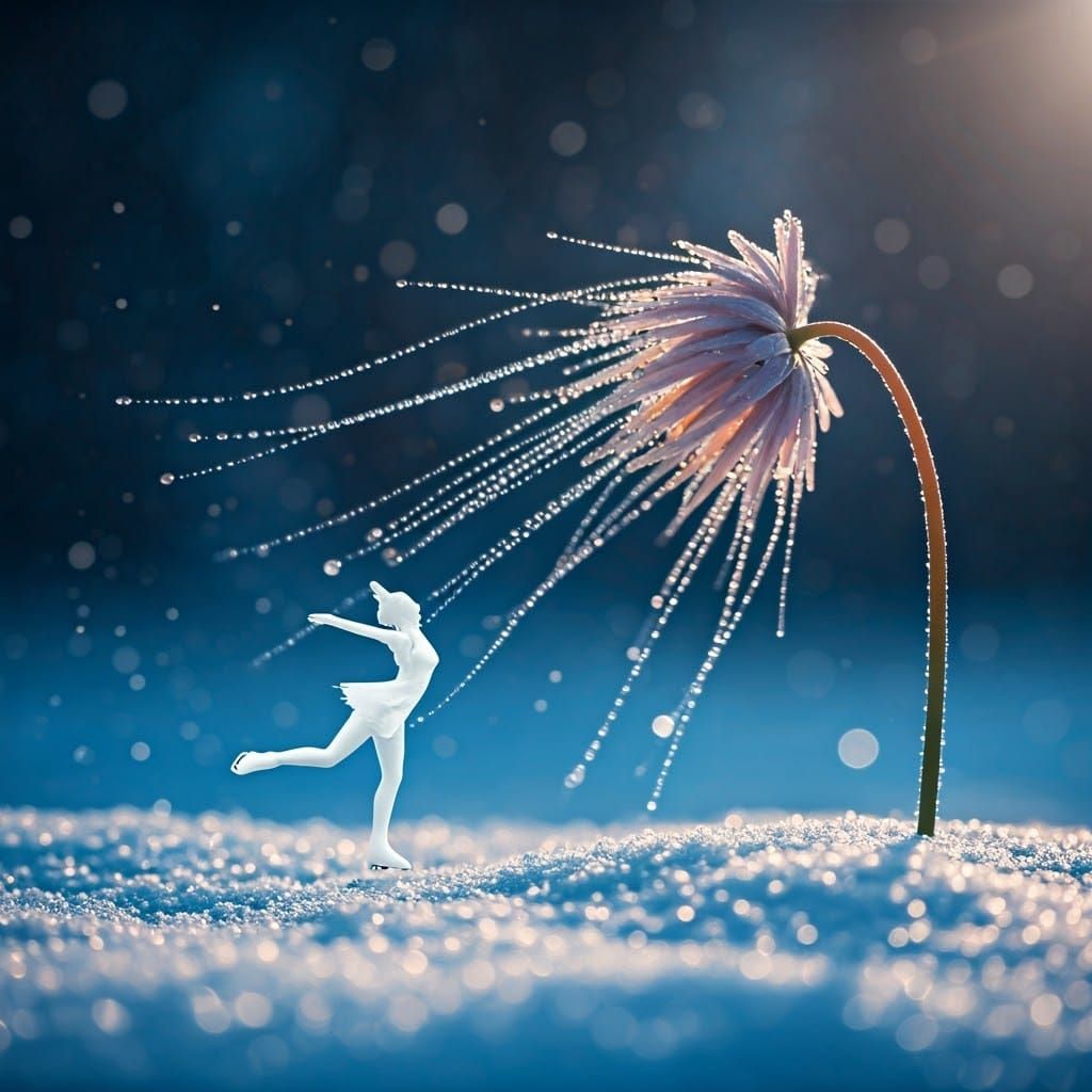 beautiful flower faceless tiny woman figure ice skating, snow, glowing in the dark, dozens of different ...  by @Summerchild