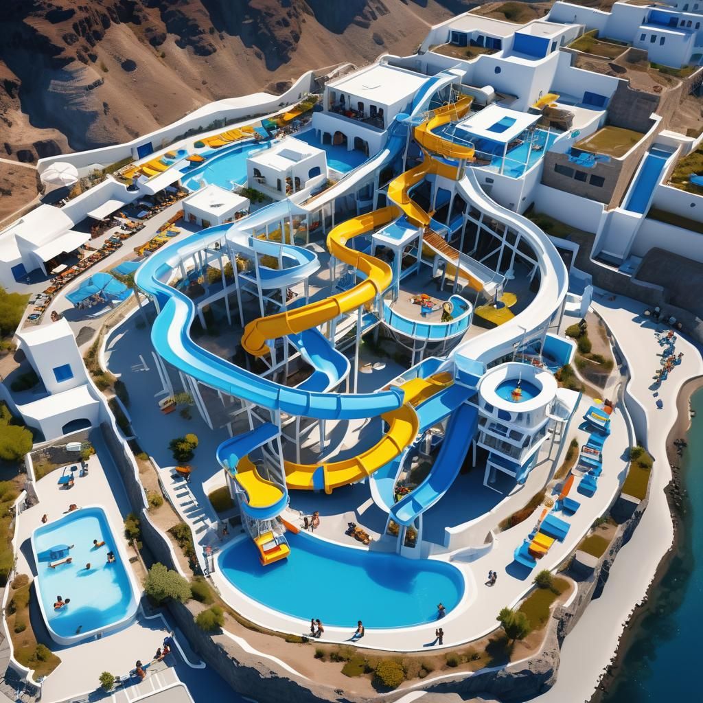 Santorini white water park with slides hotel hyperrealism
