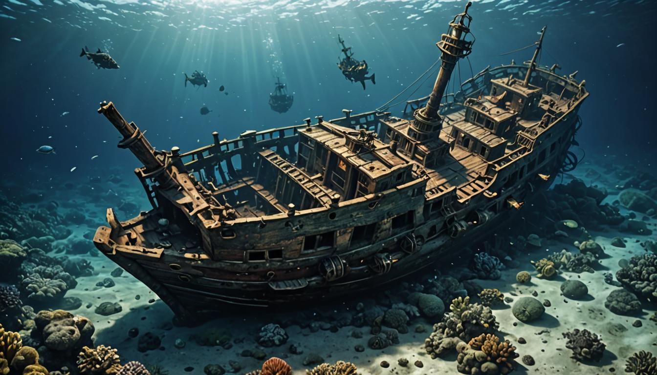 pirate shipwreck at the bottom of the ocean