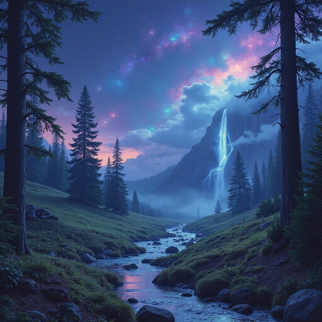 Vibrant colors of the fae-forest, conifer trees, rolling hills, night scene, iridescent lights in the sky above and the forest below, waterf...