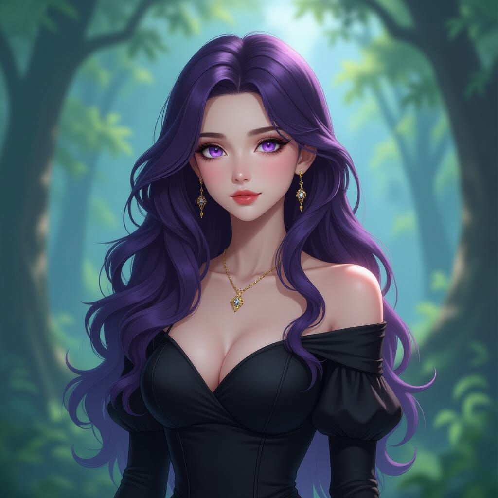 Beautiful women with purple eyed, pale skin, and wavy long hair that is an ombré of brown to white. She is in a forest dressed in black