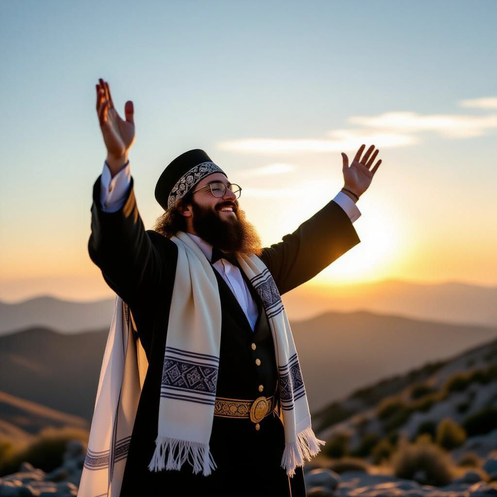 Joyful Hasidic Jew Praying on Mountain at Golden Hour
