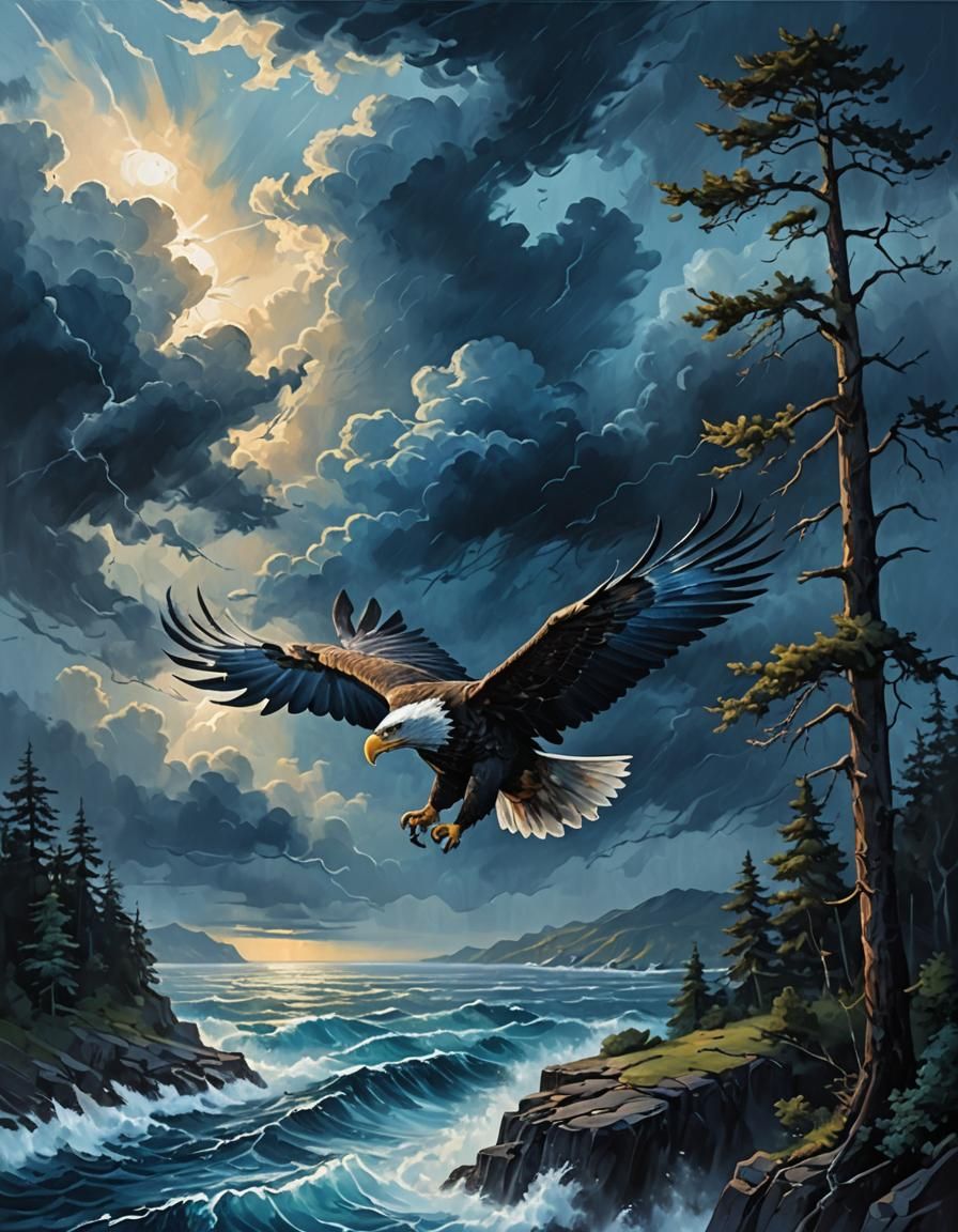 Majestic Eagle Soaring Above Stormy Sea in Oil Painting
