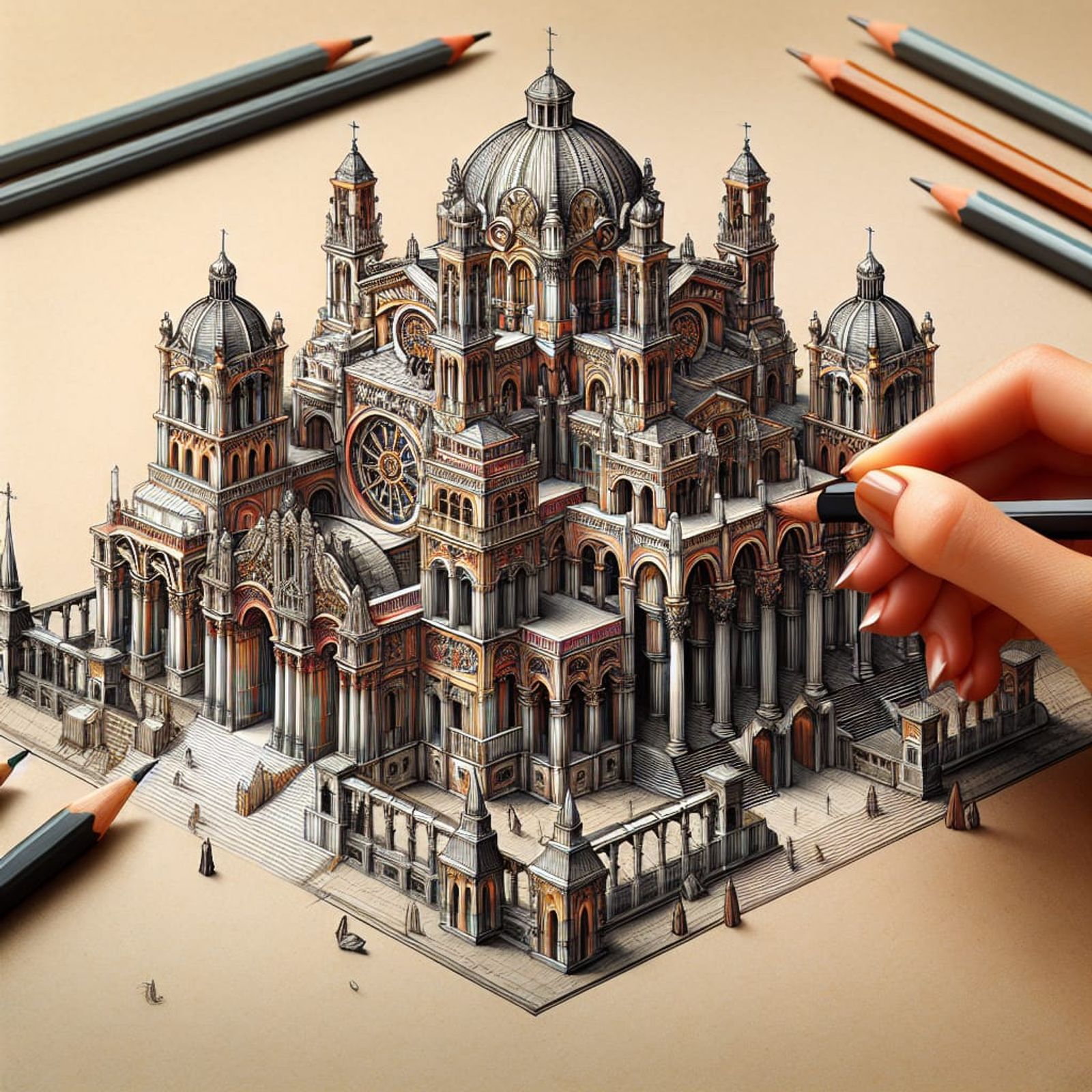 A stunning 3D render of a pencil sketch showcasing an elaborate ...