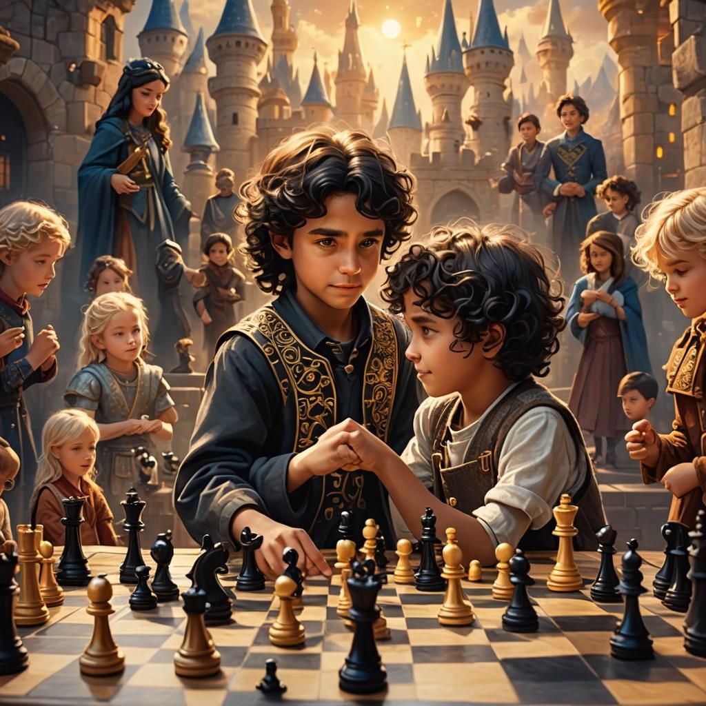 Magical Chess Game with Children in Fantasy Art