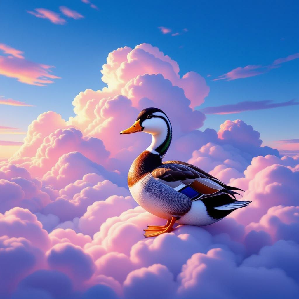 Duck Flying Among Colorful Clouds