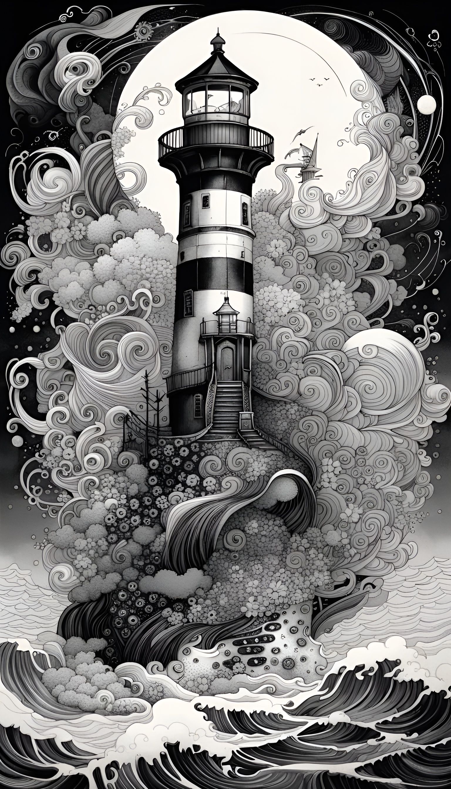 lisa frank black white ink fantasy Lighthouse in book near sea of waves, spirals, flowers, ultra realistic, ... false