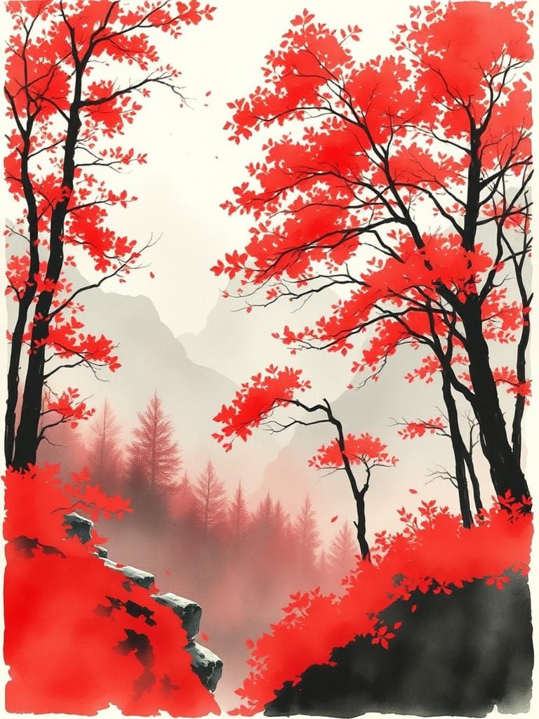 Vibrant Red Landscape with Watercolor and Ink