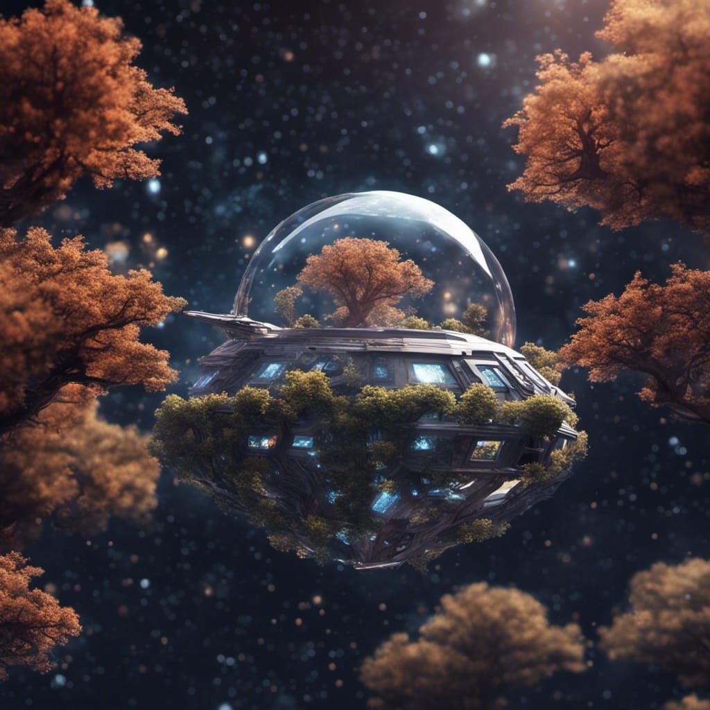 low poly spaceship, arboreal rootball spaceship sprouting tr...