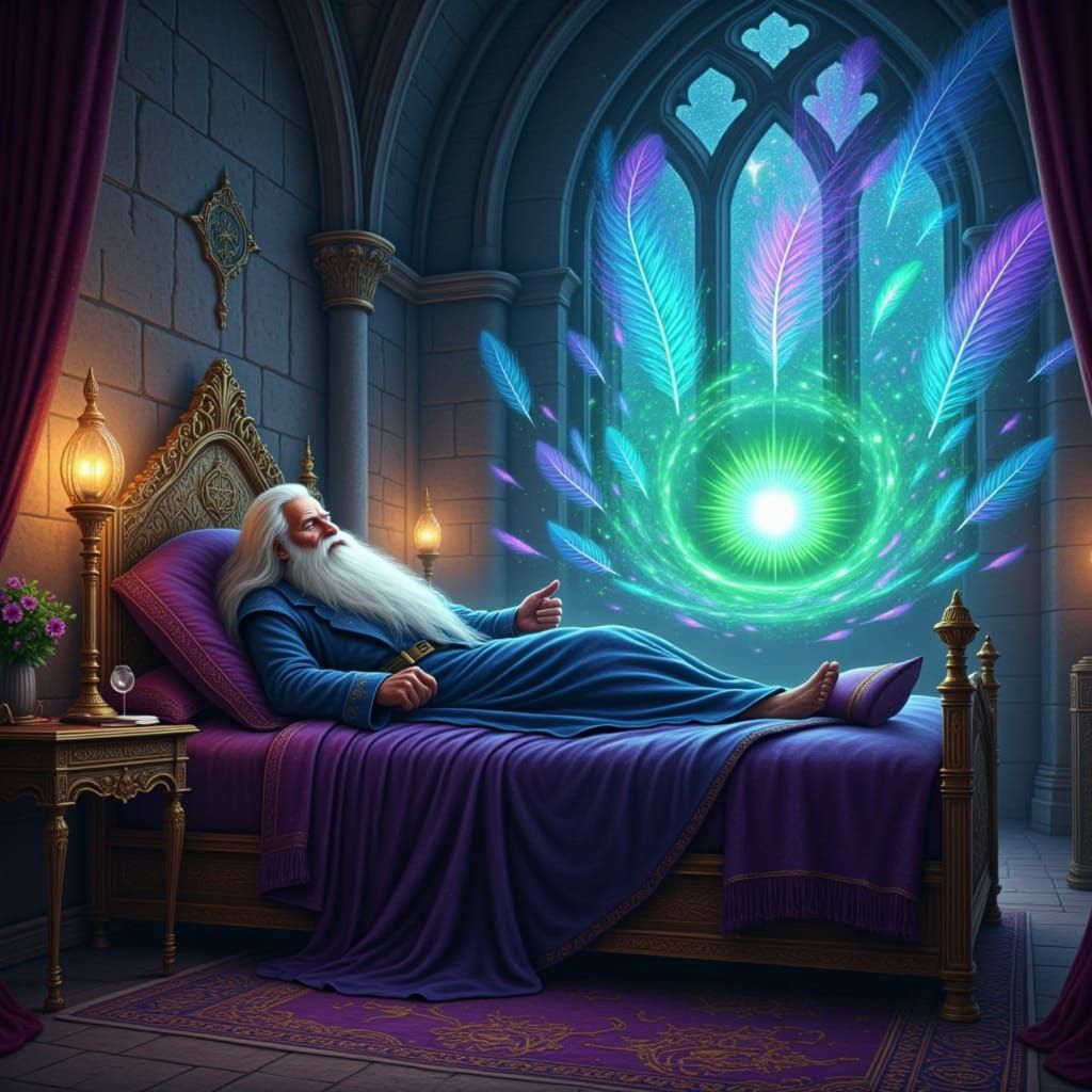 The Wizard, in the style of <trigger> <lora:Mischievous Albus:1.0> A wise old wizard with a long white beard peacefully reclines on an ornat...