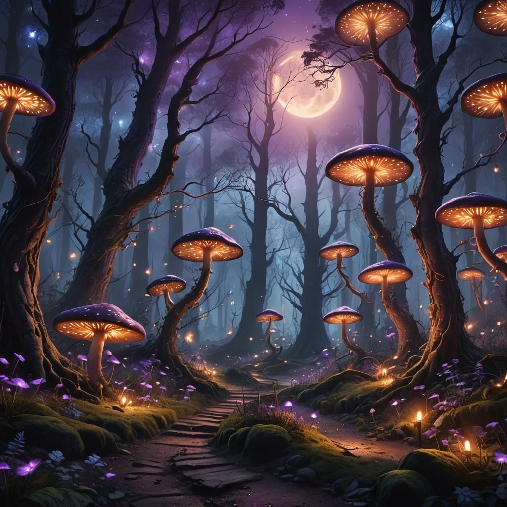 Create dark magical woodland scene, with trees. Night time. ...