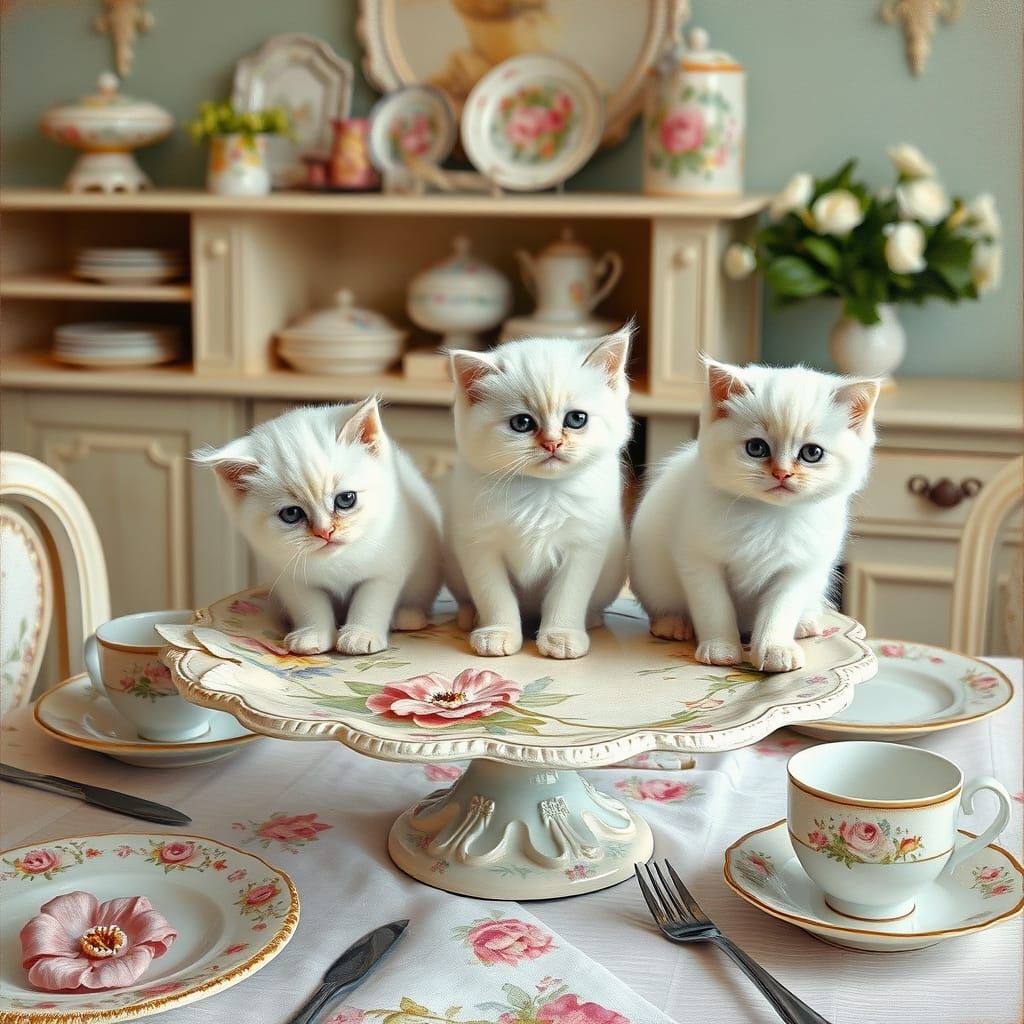 Kittens on Floral Platter in Shabby Chic Style