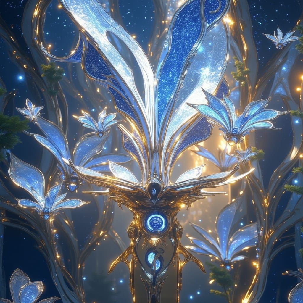 <lora:Vorthalune II:1.0> Floating elven sanctuary with solar-sail leaves harvesting starlight, robotic dragonflies pollinating luminous flow...