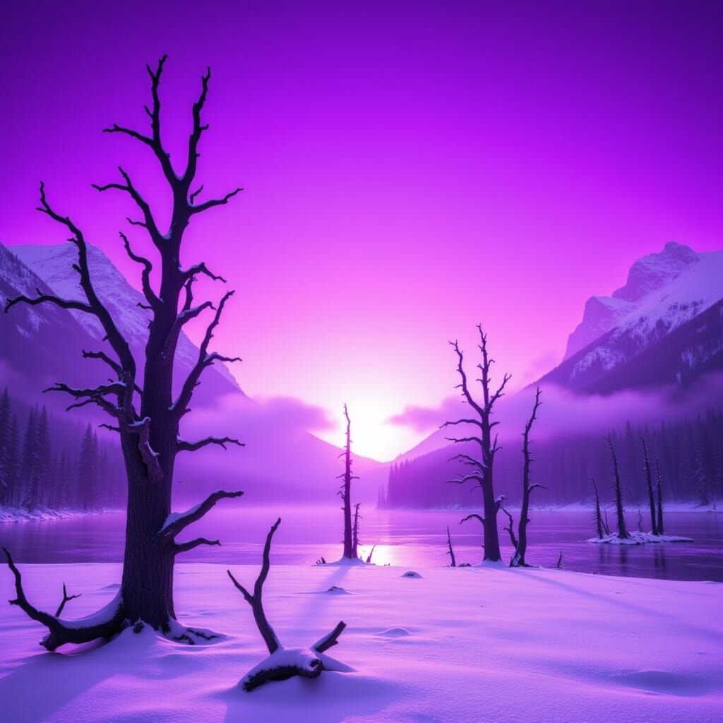 <lora:Purple Haze:1.0> Concept art, medium shot of a magical, vivid purple haze sunrise over a serene snow-covered mountain lake with striki...