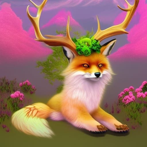 cute earth fox with deer antlers and flowers on its body pin...