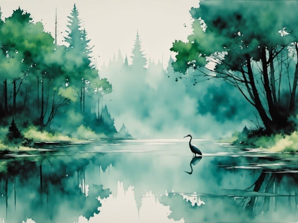 landscape, heron, lake trees, blue and green palette <lora:Paysage:1.5> 