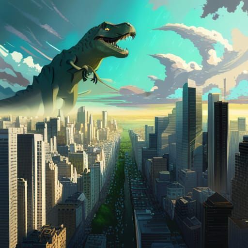 T Rex destroying a city - AI Generated Artwork - NightCafe Creator