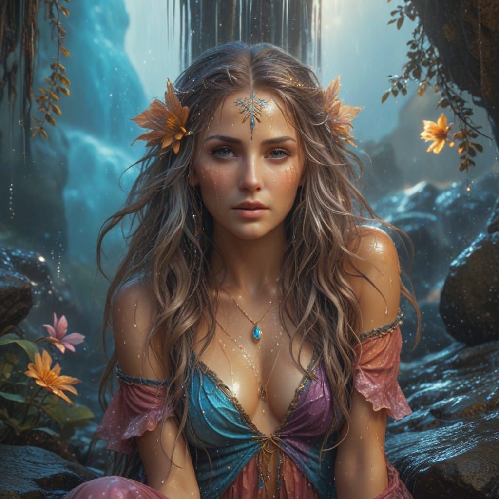 image of a realistic , Generate an image showcasing a delicate water spirit, image in a fantasy style. This spirit is completely formed from...