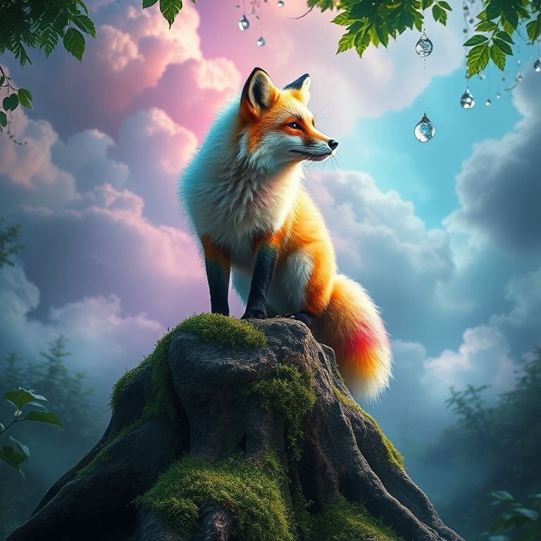 An art-house style image of a majestic rainbow fox