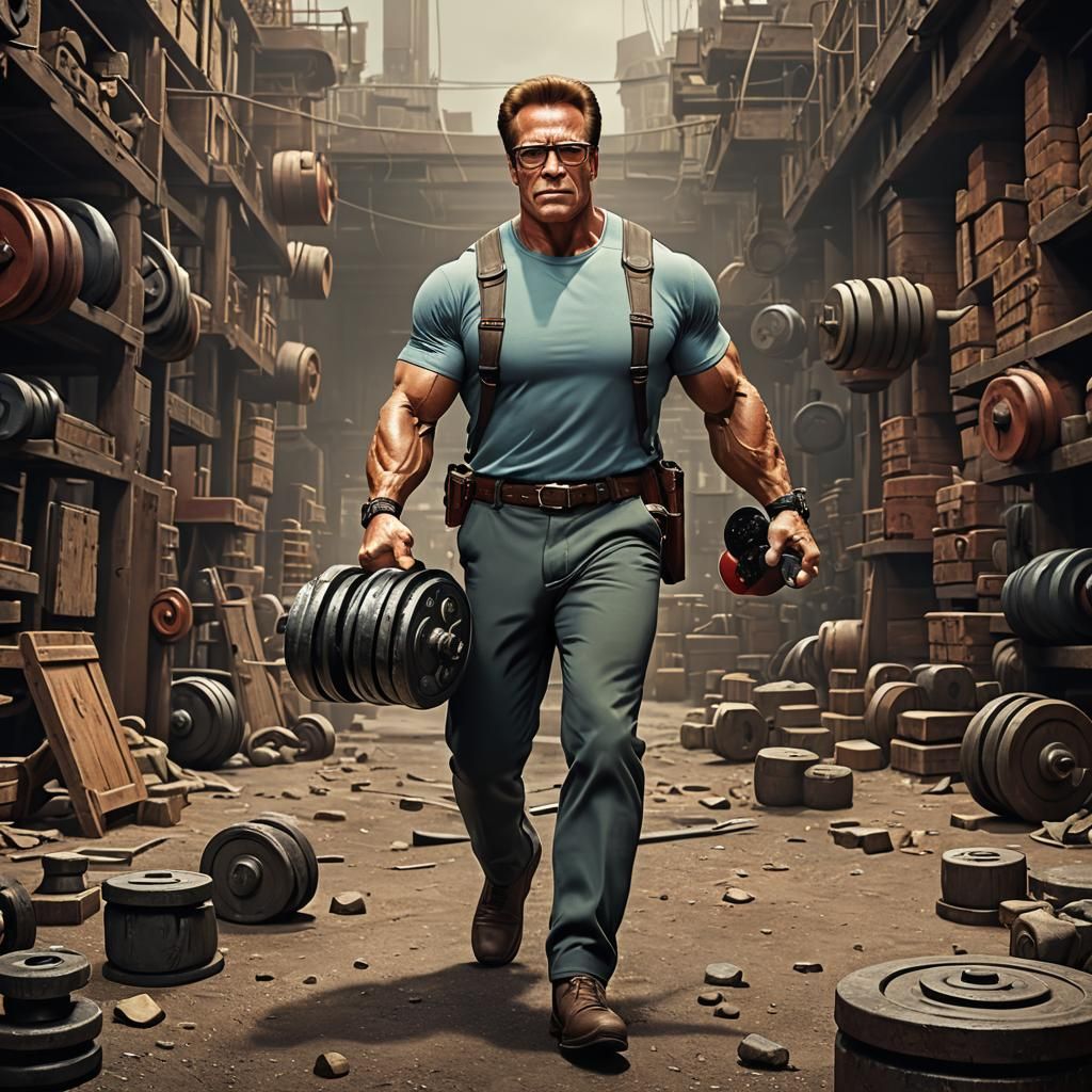 arnold schwarzenegger looking like a nerd. carrying a table ...