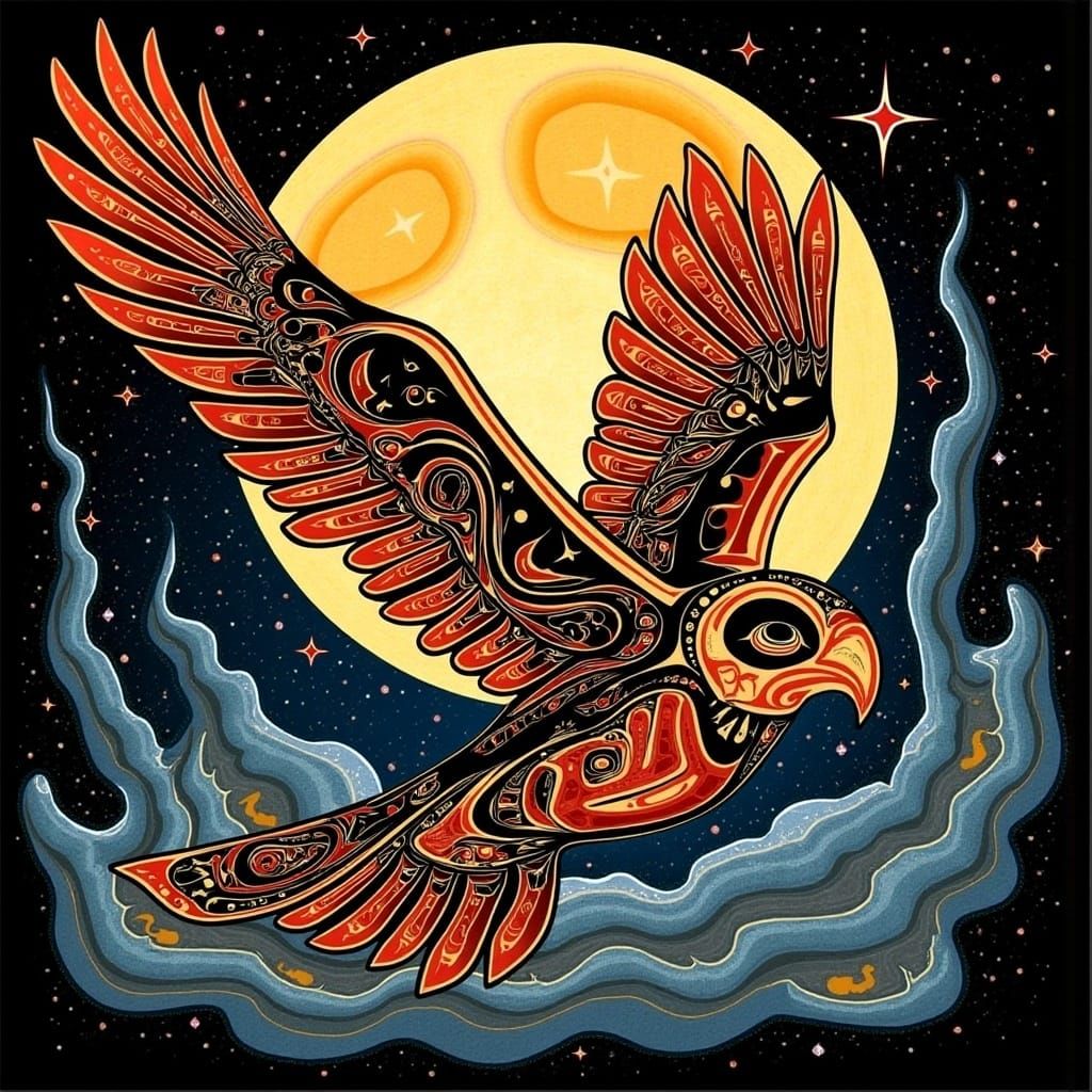 <lora:Haida Style:1.0> Haida Style picture of an owl visible against the full moon