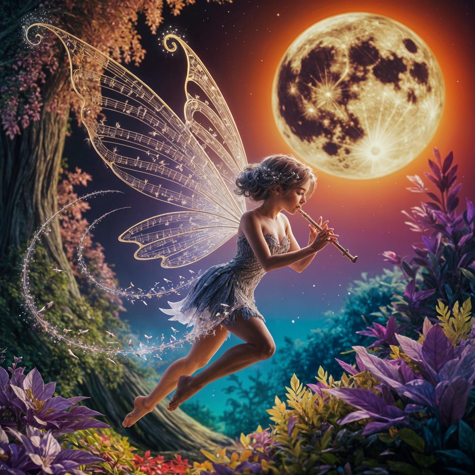 a fairy flies in a fantastic forest on wings made entirely of musical notes.  the fairy plays the flute. ...  by @Likra