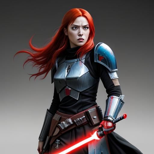 Adult female, red hair, crimson eyes, angry, Mandalorian arm...