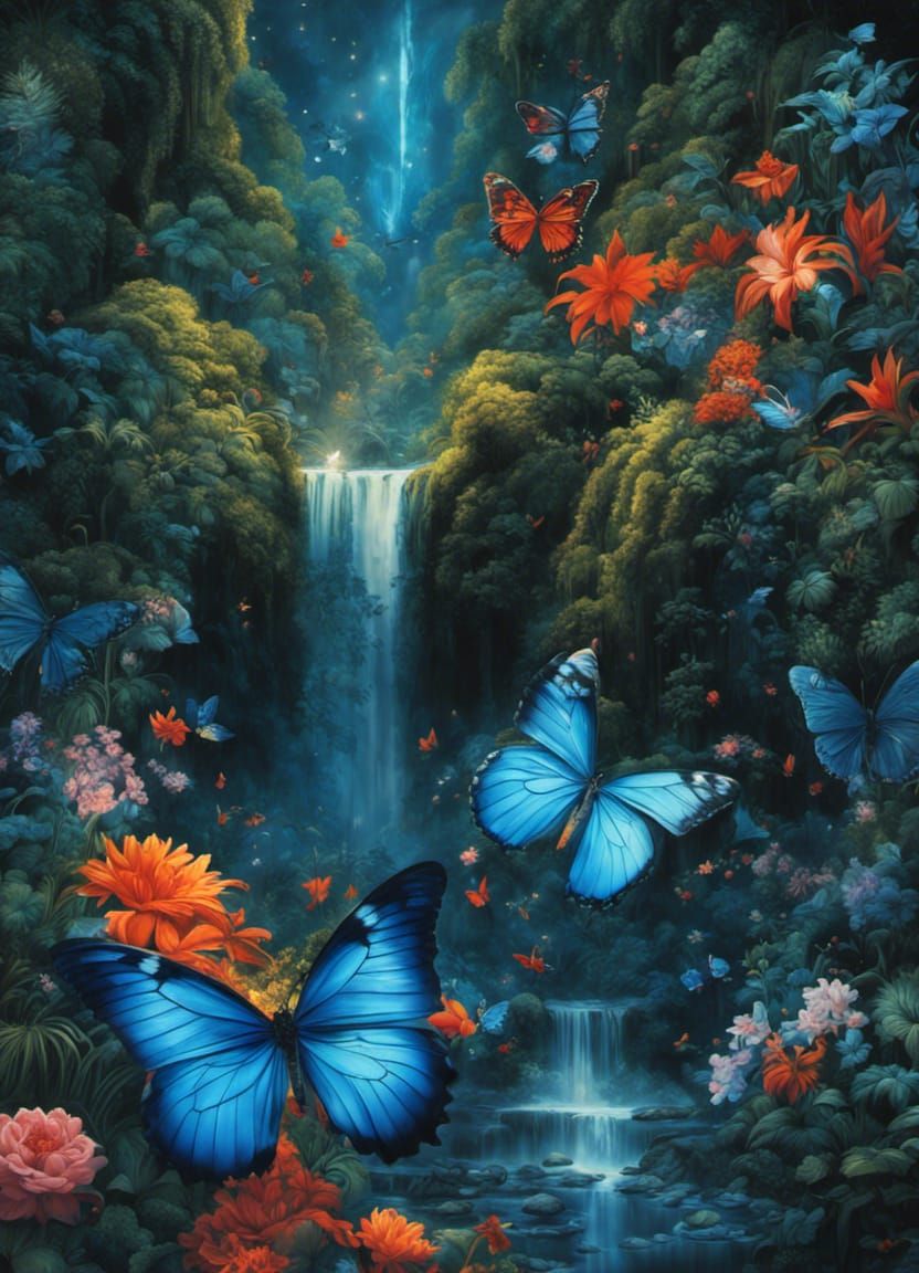 Blue butterflies at waterfall - AI Generated Artwork - NightCafe Creator