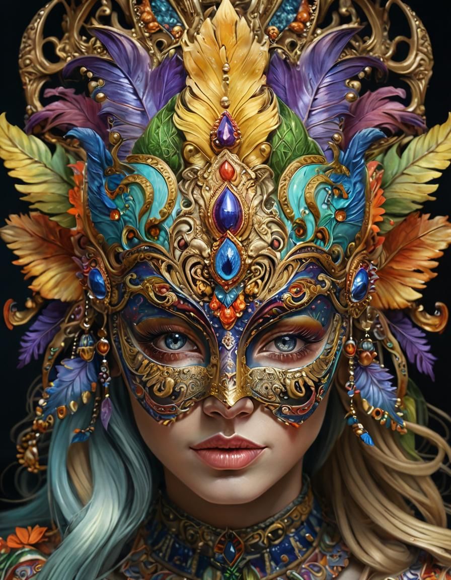 fantasy mask, worn by a woman, head and shoulders, hyperbolic gorgeous, psychedelic colours, over-the-top ...  by @CJVF