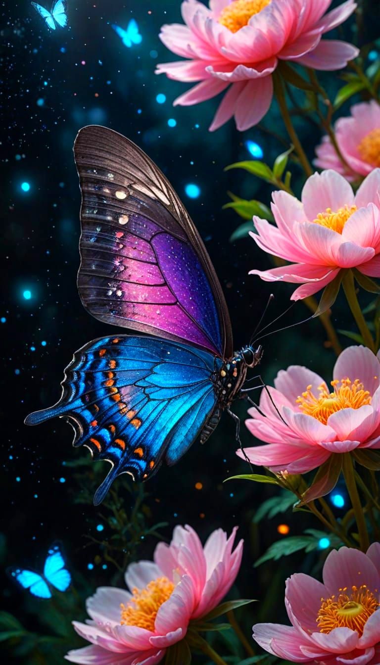 Cosmic Butterfly on Enchanted Forest Petals