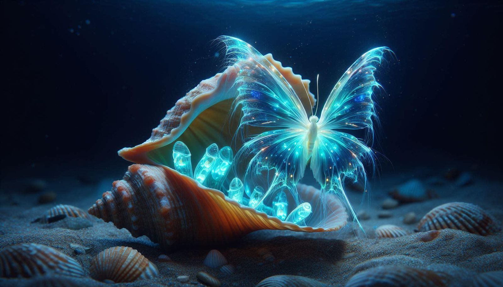 a bioluminescent underwater butterfly emerging from a seashe...