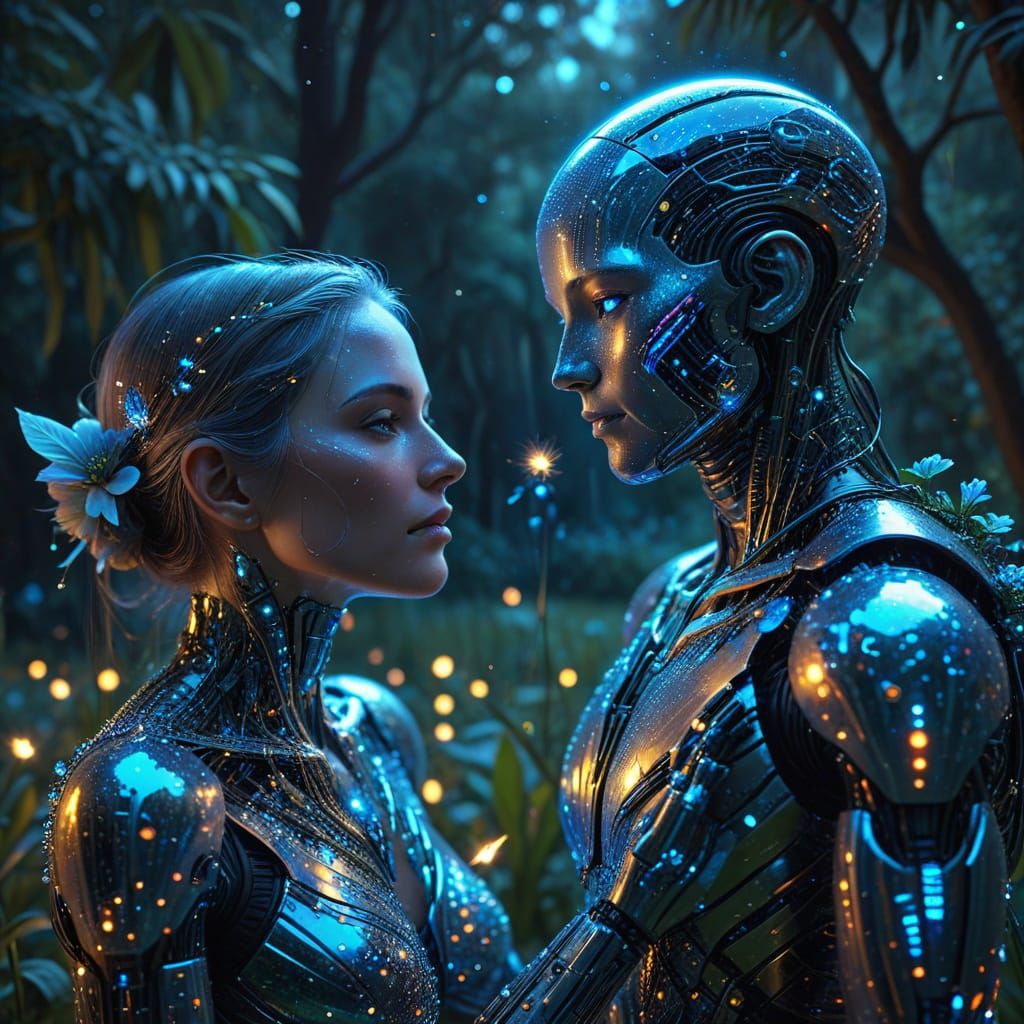 A kind-hearted robot, with a polished chrome exterior and gentle blue optical sensors, offers a vibrant bouquet of bioluminescent flowers to...