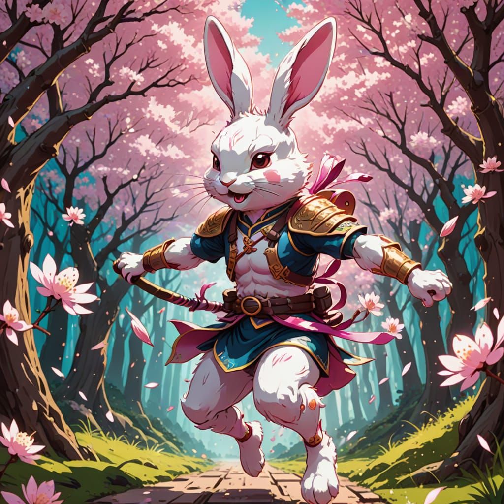 Anime style. A whimsical rabbit warrior in dynamic action pose, leaping through a cherry blossom forest. Streaks of pink petals and glowing ...