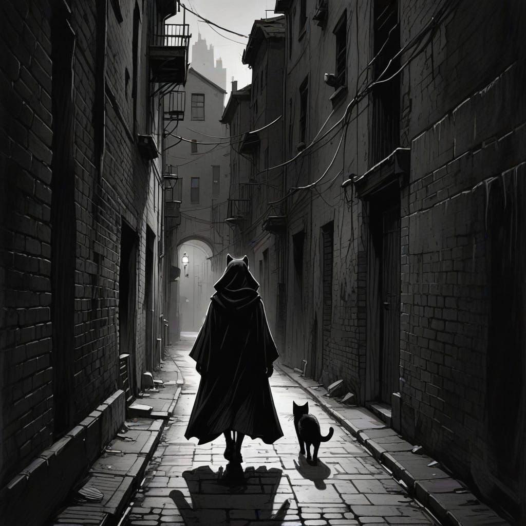 Mysterious Woman and Kitty in Abandoned City Alleyway - Cybe...
