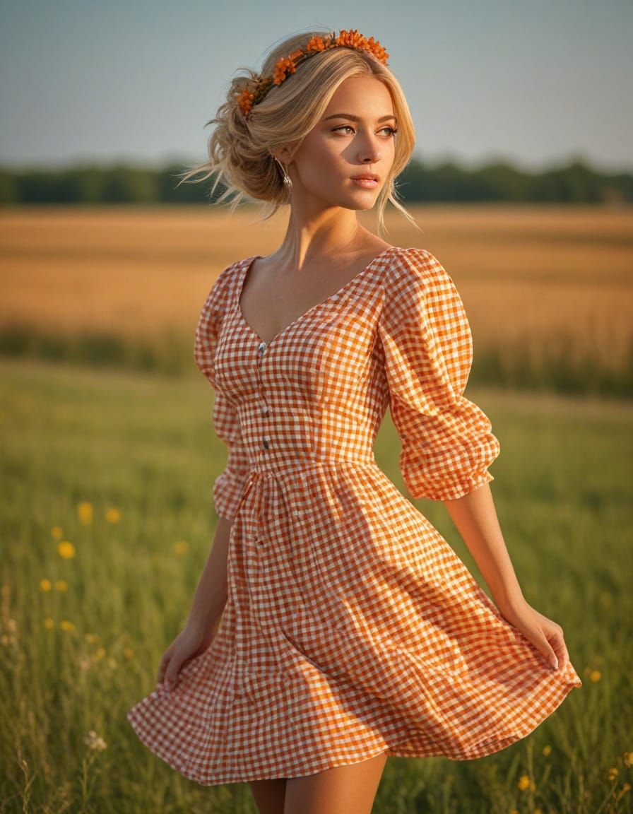 Amazingly Beautiful Feminine tanned glamorous woman wearing Sleeves flaying Summer Dress made of Orange ...  by @Marek Lame