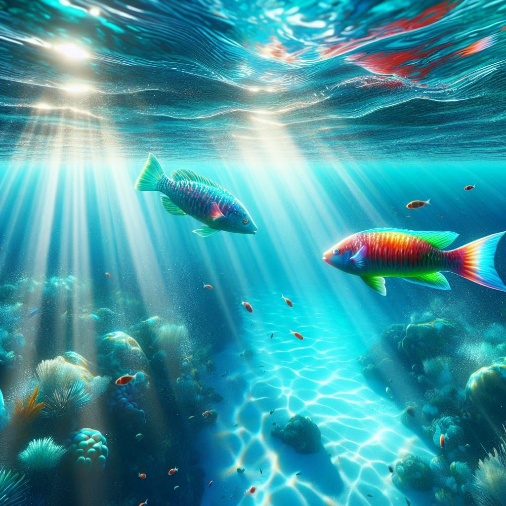 Vibrant Aquamarine Ocean Scene with Swirling Fish