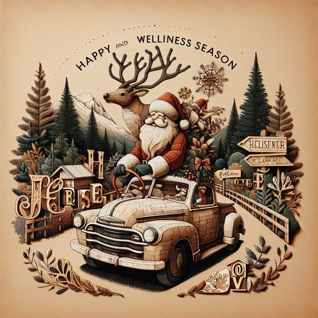 Deer of santa Klaus happy in car ride. Vintage postcard greeting christmas. Letters spelling " Happy ...  by @Marv