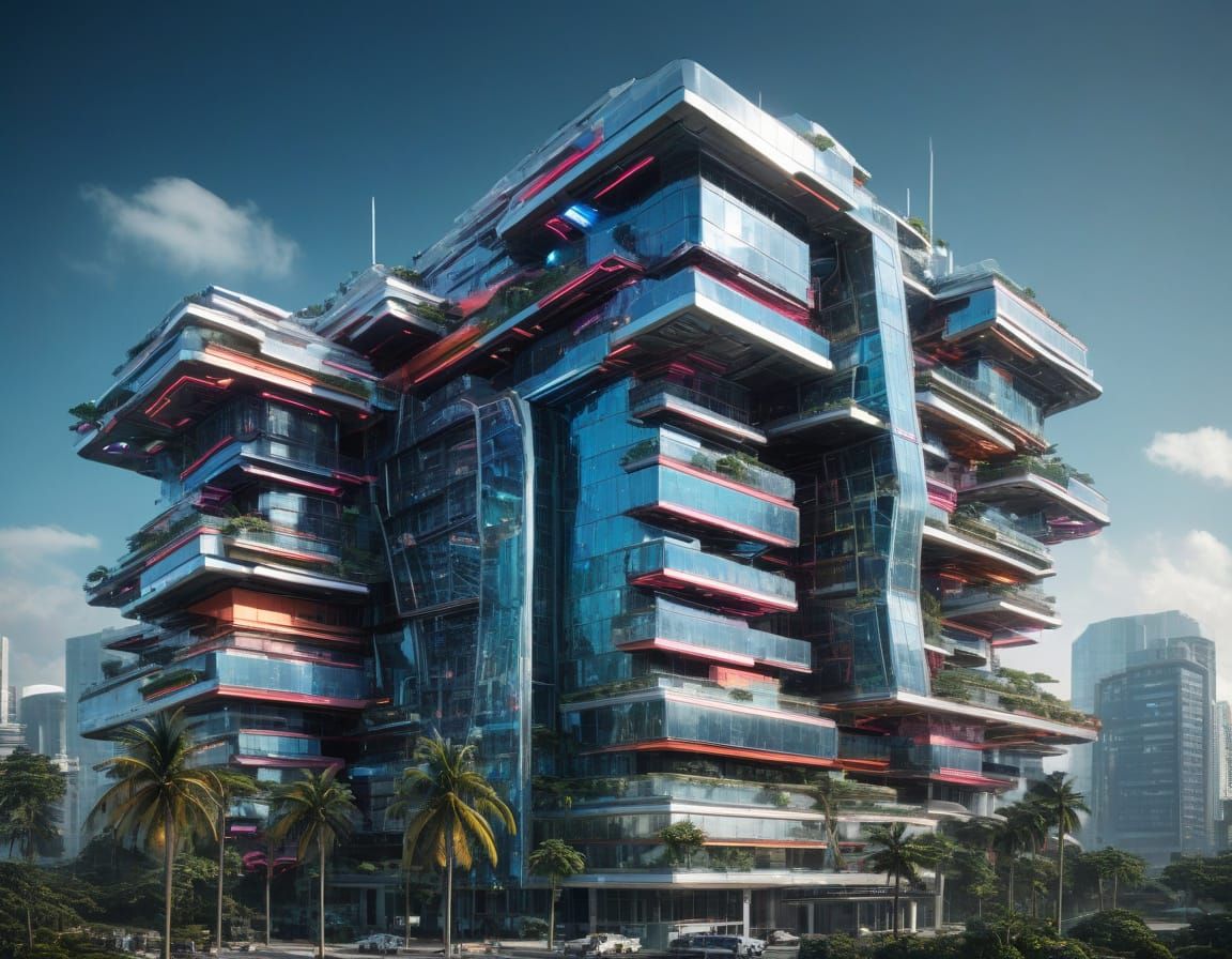 Cyberpunk Tropical Metropolis in Vibrant Haze