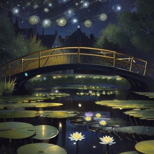 Beneath a Starry Night by Vincent van Gogh lays a Water Lill...