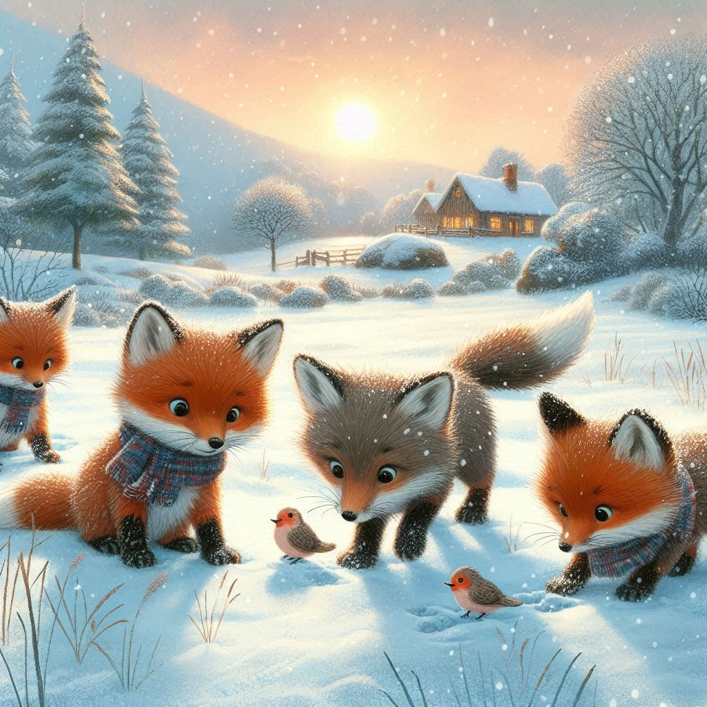 four cute fox cubs discover the world in freshly fallen snow, at dawn,